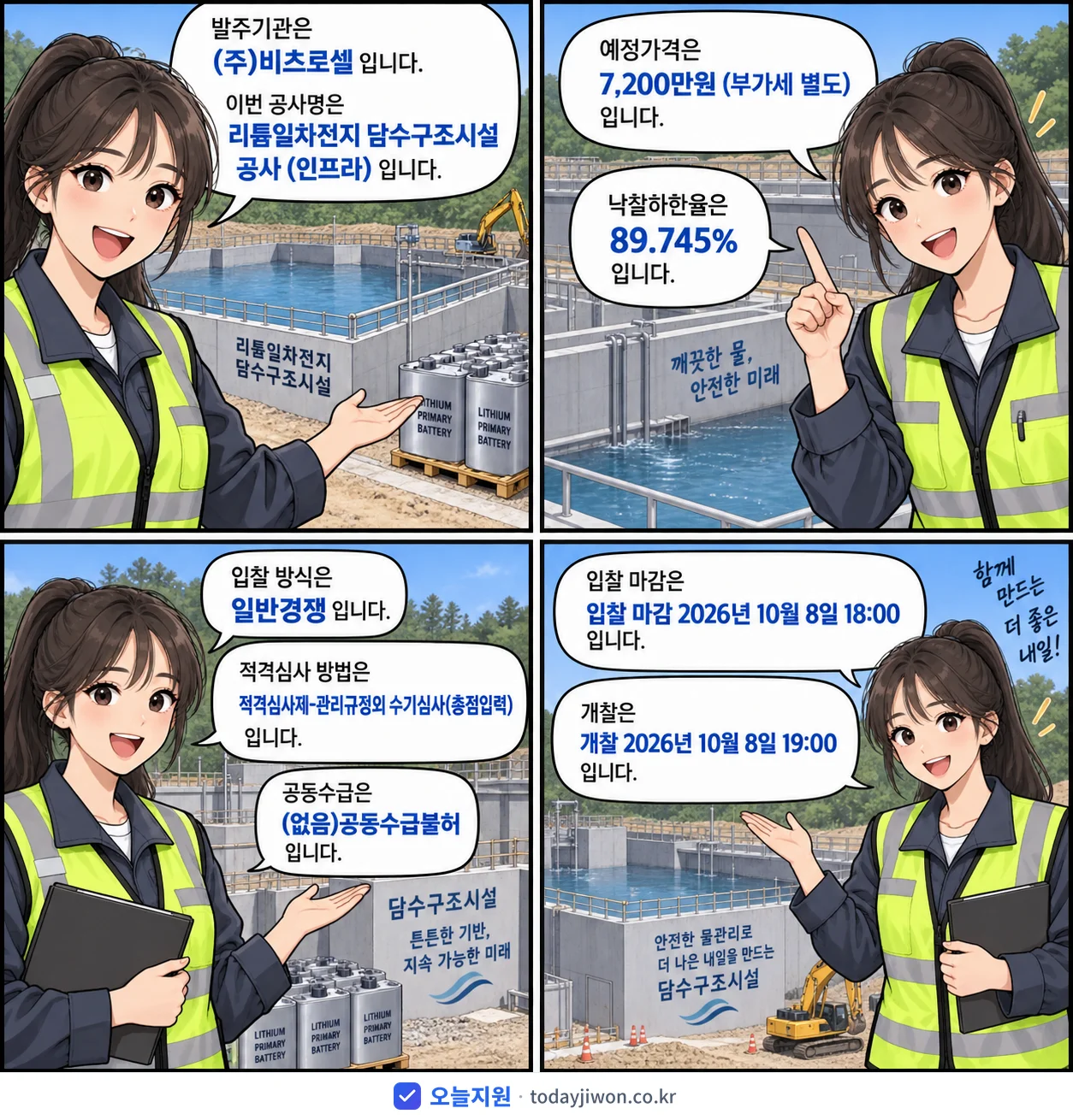 4컷 만화로 보는 공고: (주)비츠로셀 '리튬일차전지 담수구조시설', 추정가격 7,200만원, 입찰 마감 10/8 18:00