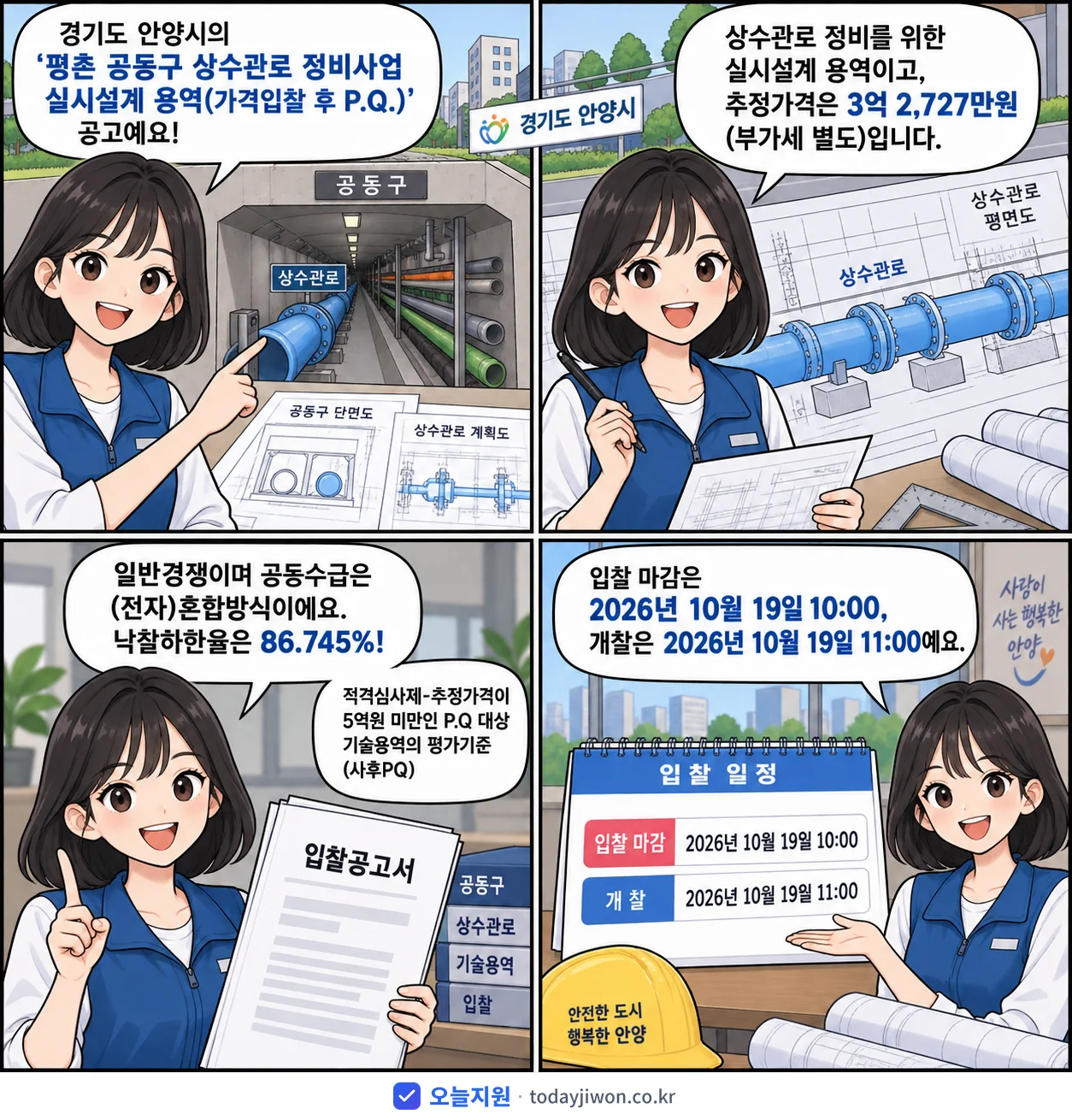 4컷 만화로 보는 공고: 경기도 안양시 '평촌 공동구 상수관로 정비사업 실시설계 용역(가격입찰 후 P.Q.)', 추정가격 3억 2,727만원, 입찰 마감 10/19 10:00