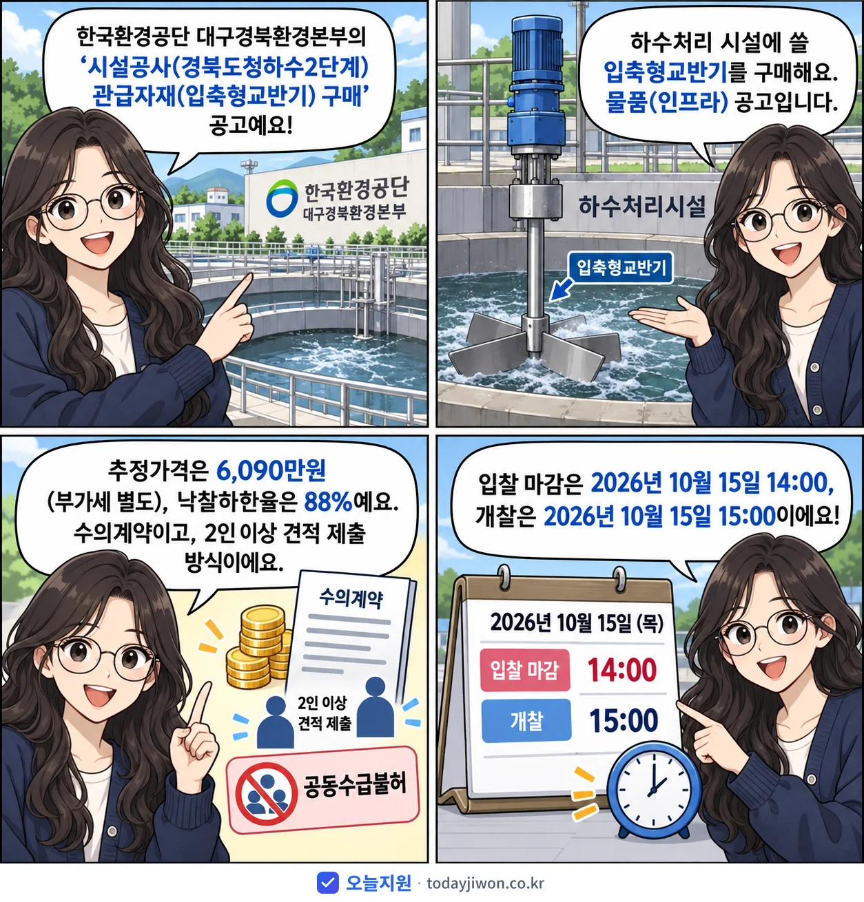 4컷 만화로 보는 공고: 한국환경공단 대구경북환경본부 '시설공사(경북도청하수2단계) 관급자재(입축형교반기) 구매', 추정가격 6,090만원, 입찰 마감 10/15 14:00