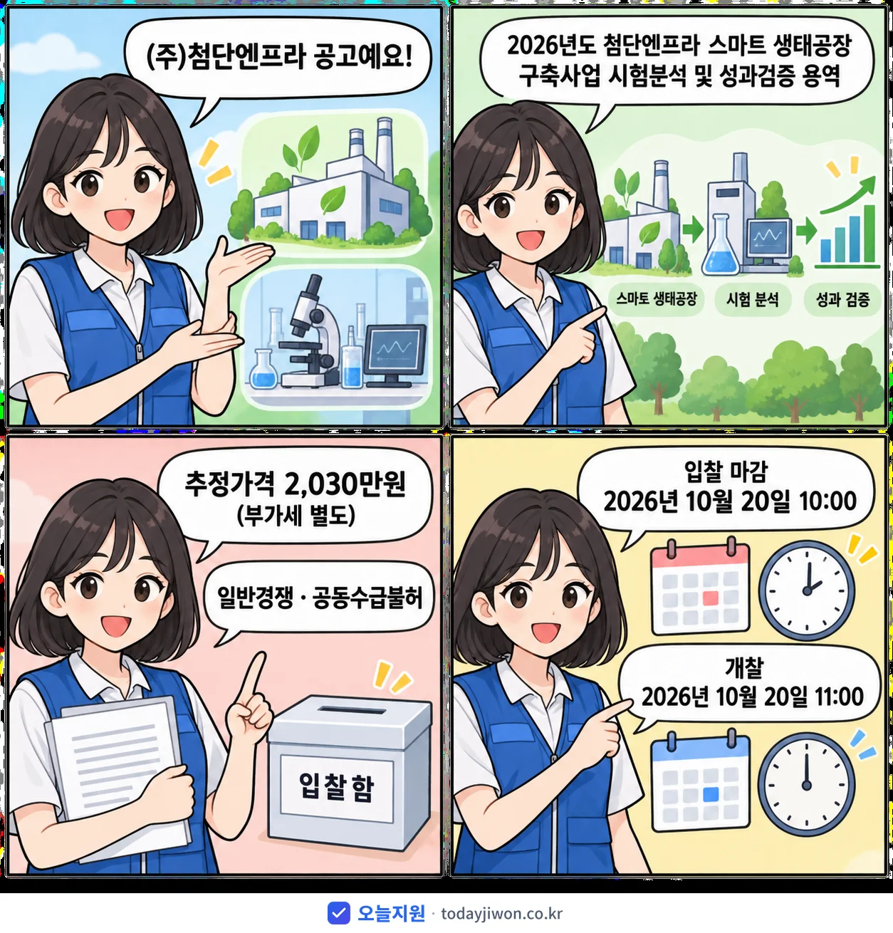 4컷 만화로 보는 공고: (주)첨단엔프라 '첨단엔프라 스마트 생태공장 구축사업 시험분석 및 성과검증 용역', 추정가격 2,030만원, 입찰 마감 10/20 10:00
