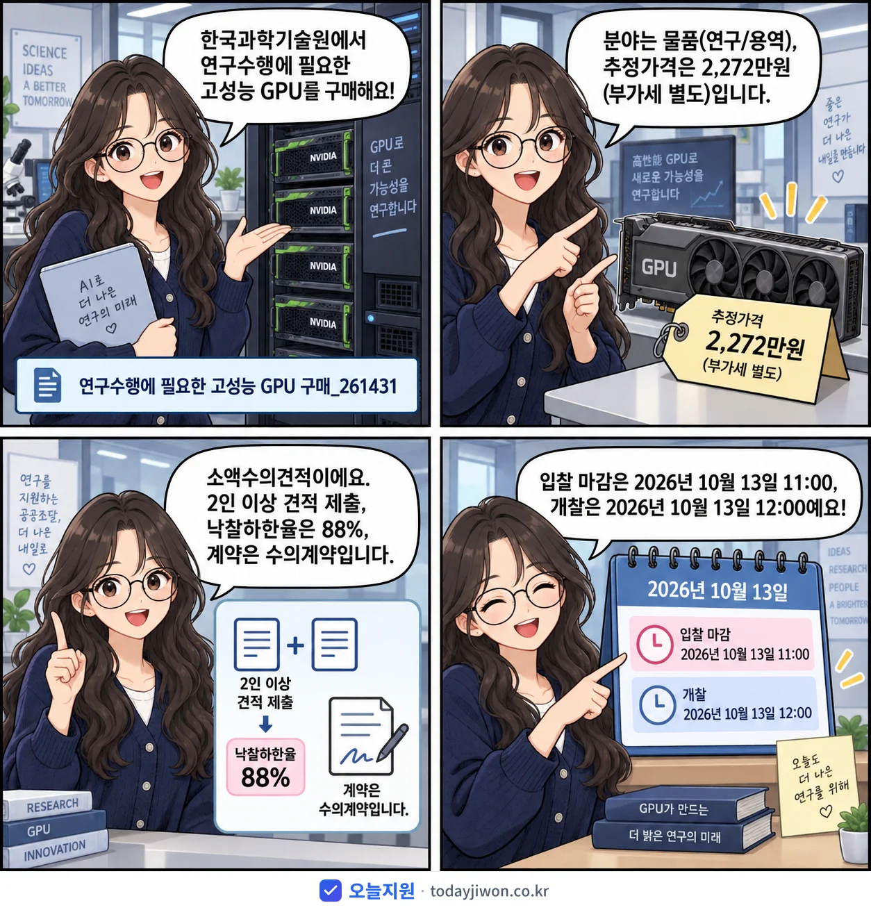 4컷 만화로 보는 공고: 한국과학기술원 '연구수행에 필요한 고성능 GPU 구매_261431', 추정가격 2,272만원, 입찰 마감 10/13 11:00