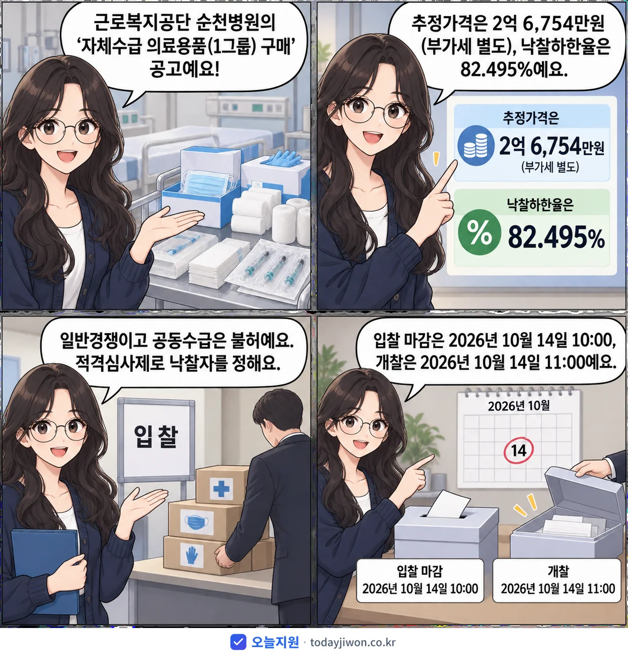 4컷 만화로 보는 공고: 근로복지공단 순천병원 '자체수급 의료용품(1그룹) 구매', 추정가격 2억 6,754만원, 입찰 마감 10/14 10:00