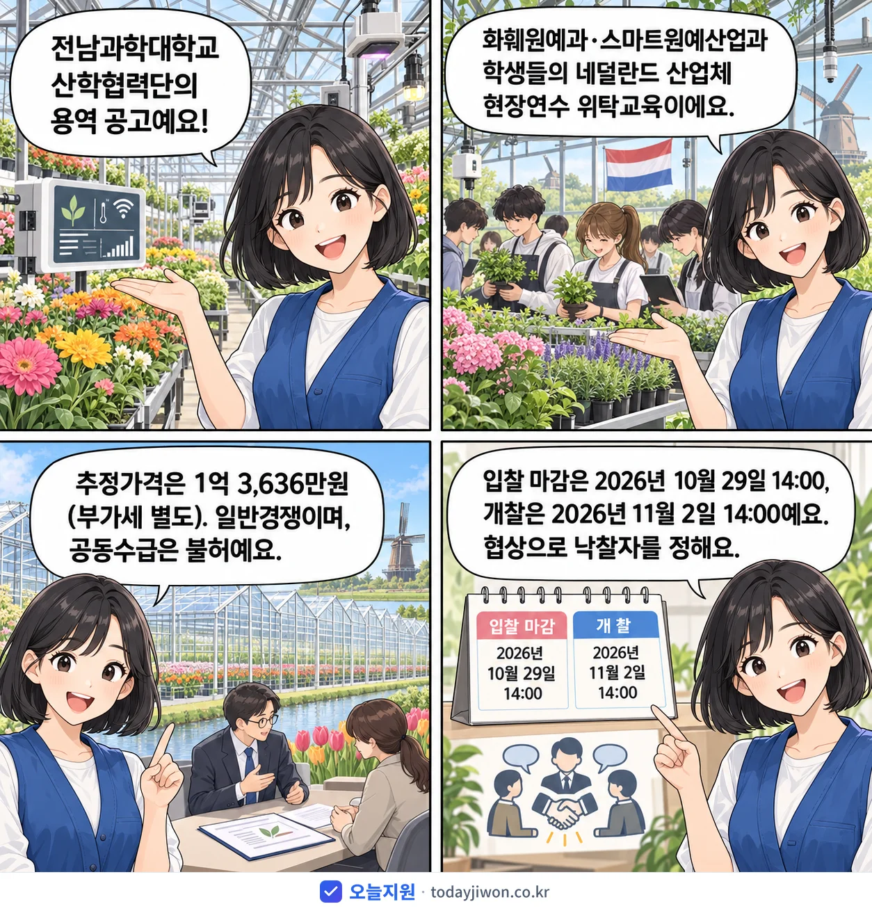 4컷 만화로 보는 공고: 전남과학대학교 산학협력단 '앵커사업 화훼원예과/스마트원예산업과 학생 해외 산업체 현장연수 위탁교육…', 추정가격 1억 3,636만원, 입찰 마감 10/29 14:00