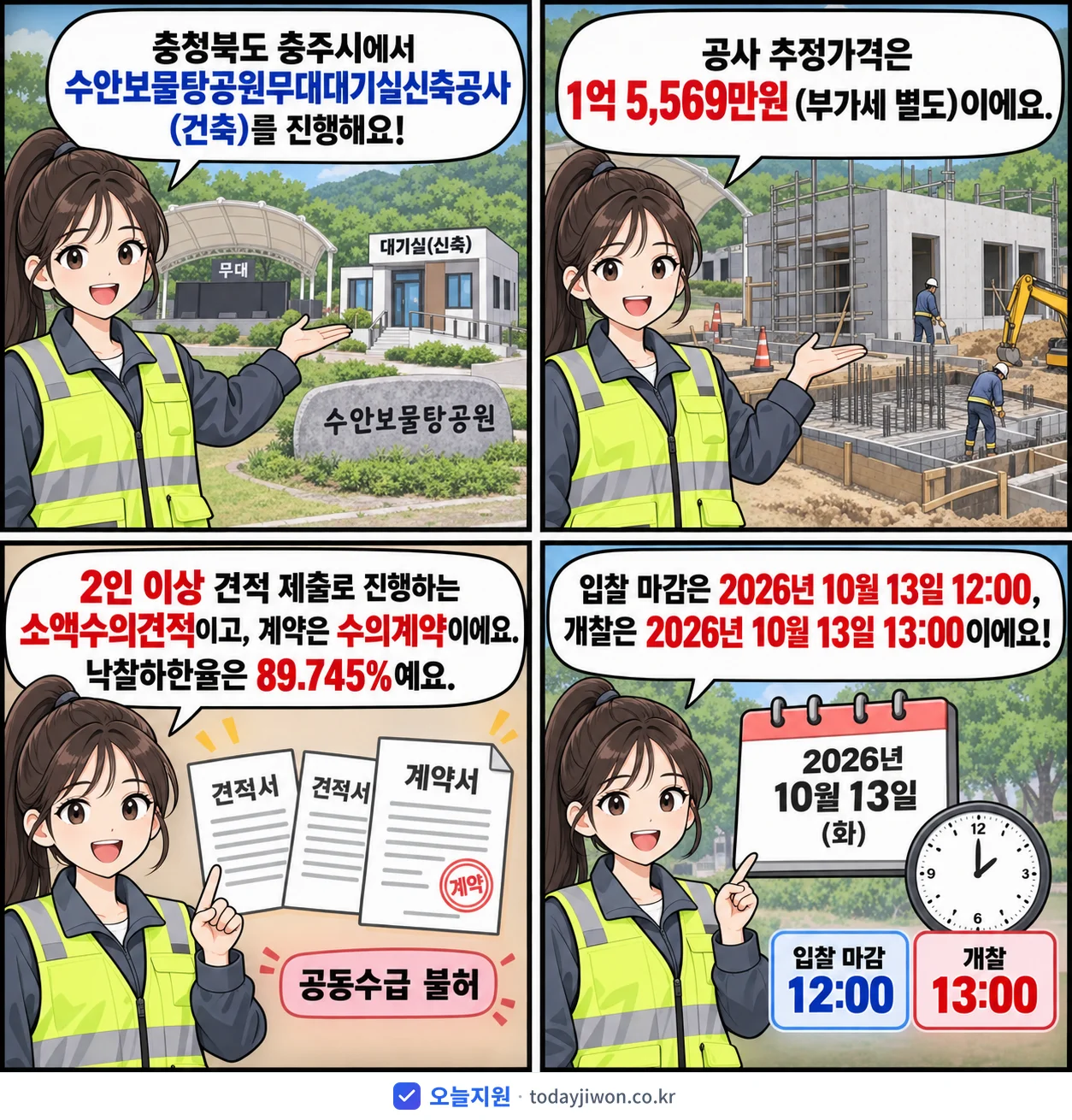 4컷 만화로 보는 공고: 충청북도 충주시 '수안보물탕공원무대대기실신축공사(건축)', 추정가격 1억 5,569만원, 입찰 마감 10/13 12:00