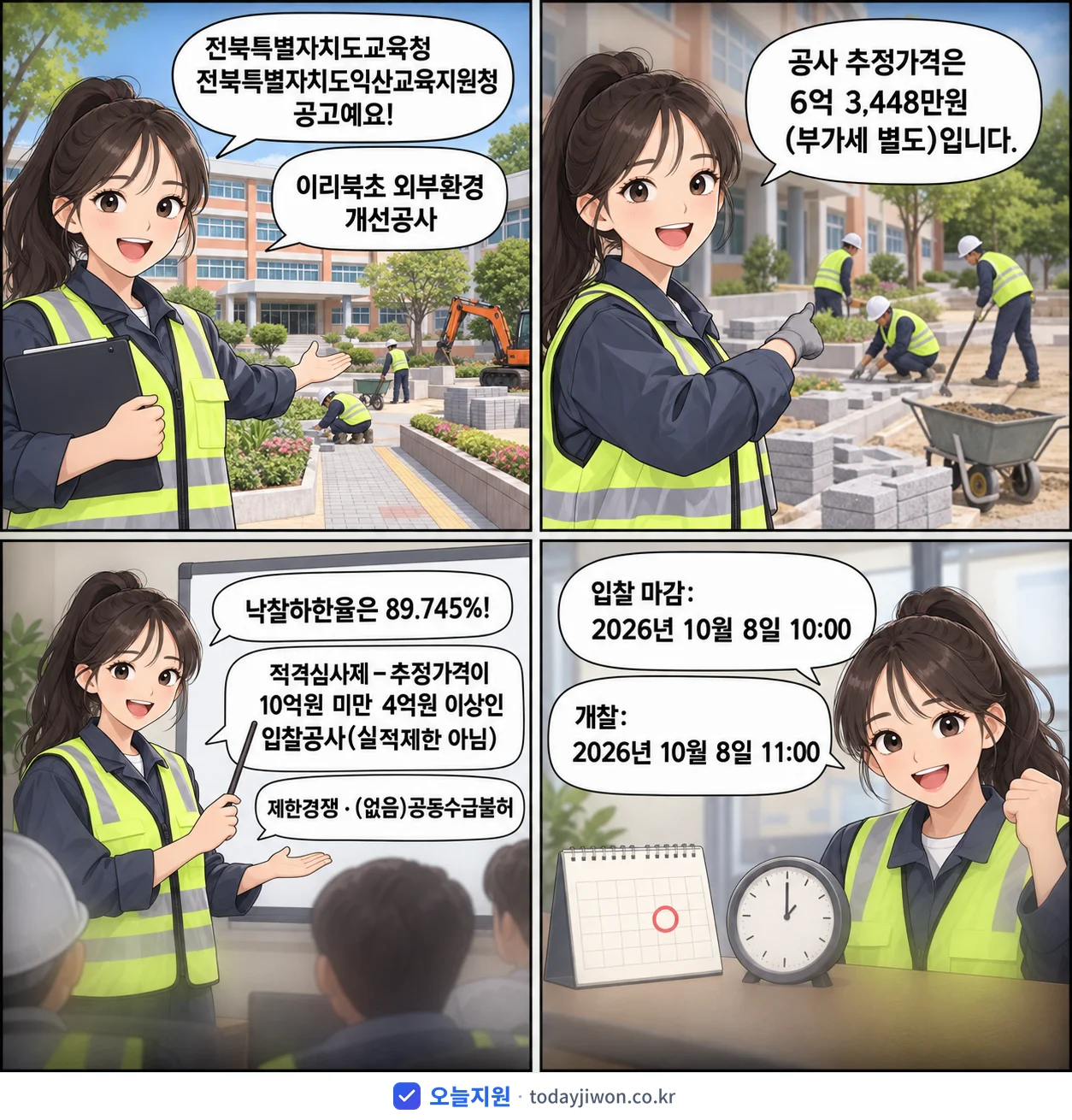 4컷 만화로 보는 공고: 전북특별자치도교육청 전북특별자치도익산교육지원청 '이리북초 외부환경 개선공사', 추정가격 6억 3,448만원, 입찰 마감 10/8 10:00