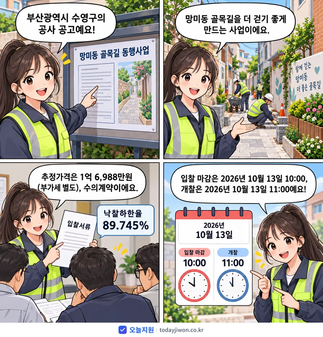 4컷 만화로 보는 공고: 부산광역시 수영구 '망미동 골목길 동행사업', 추정가격 1억 6,988만원, 입찰 마감 10/13 10:00