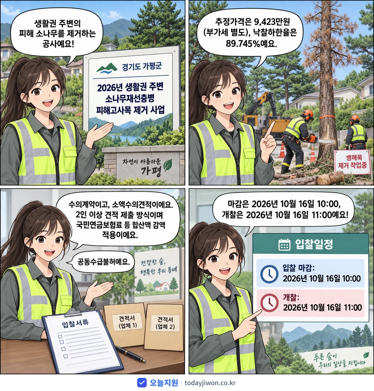 4컷 만화로 보는 공고: 경기도 가평군 '생활권 주변 소나무재선충병 피해고사목 제거 사업', 추정가격 9,423만원, 입찰 마감 10/16 10:00