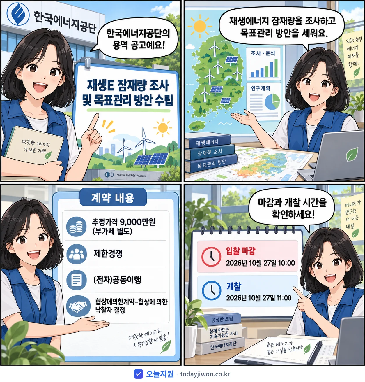 4컷 만화로 보는 공고: 한국에너지공단 '재생E 잠재량 조사 및 목표관리 방안 수립', 추정가격 9,000만원, 입찰 마감 10/27 10:00