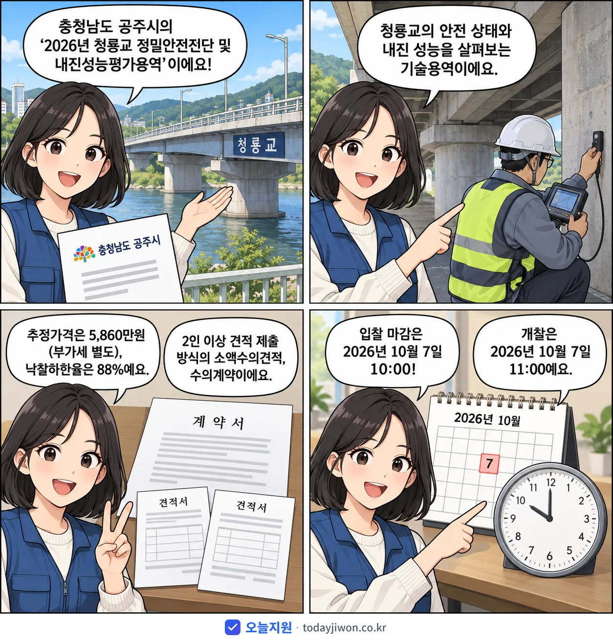 4컷 만화로 보는 공고: 충청남도 공주시 '청룡교 정밀안전진단 및 내진성능평가용역', 추정가격 5,860만원, 입찰 마감 10/7 10:00