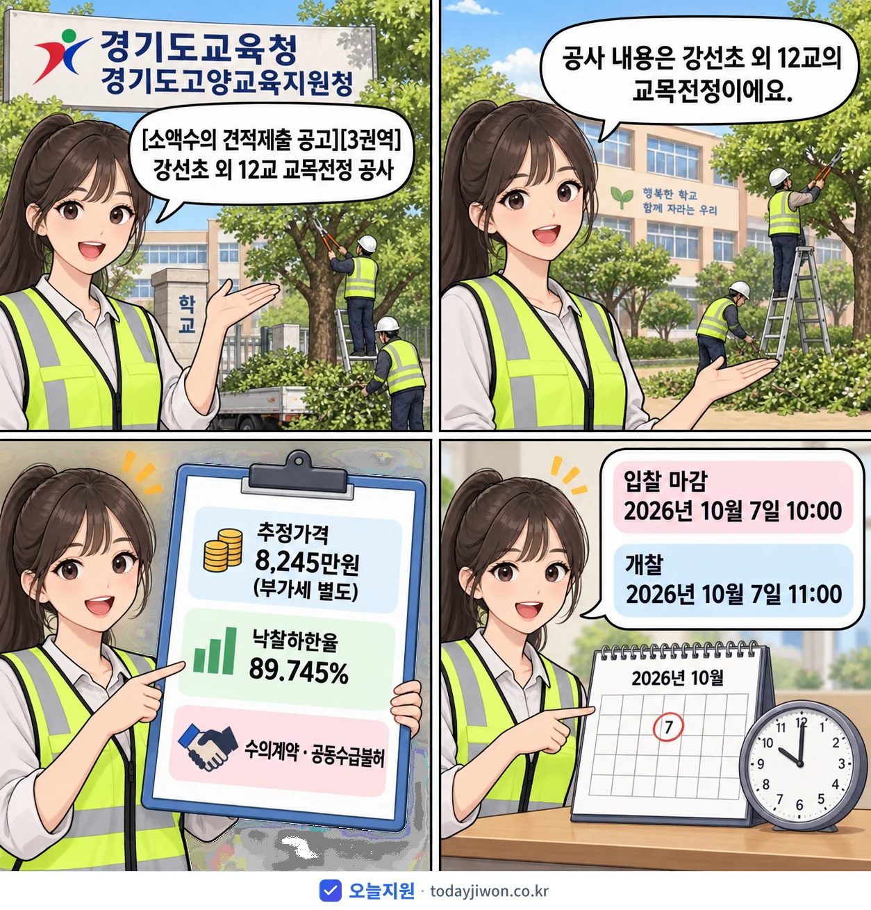 4컷 만화로 보는 공고: 경기도교육청 경기도고양교육지원청 '강선초 외 12교 교목전정 공사', 추정가격 8,245만원, 입찰 마감 10/7 10:00