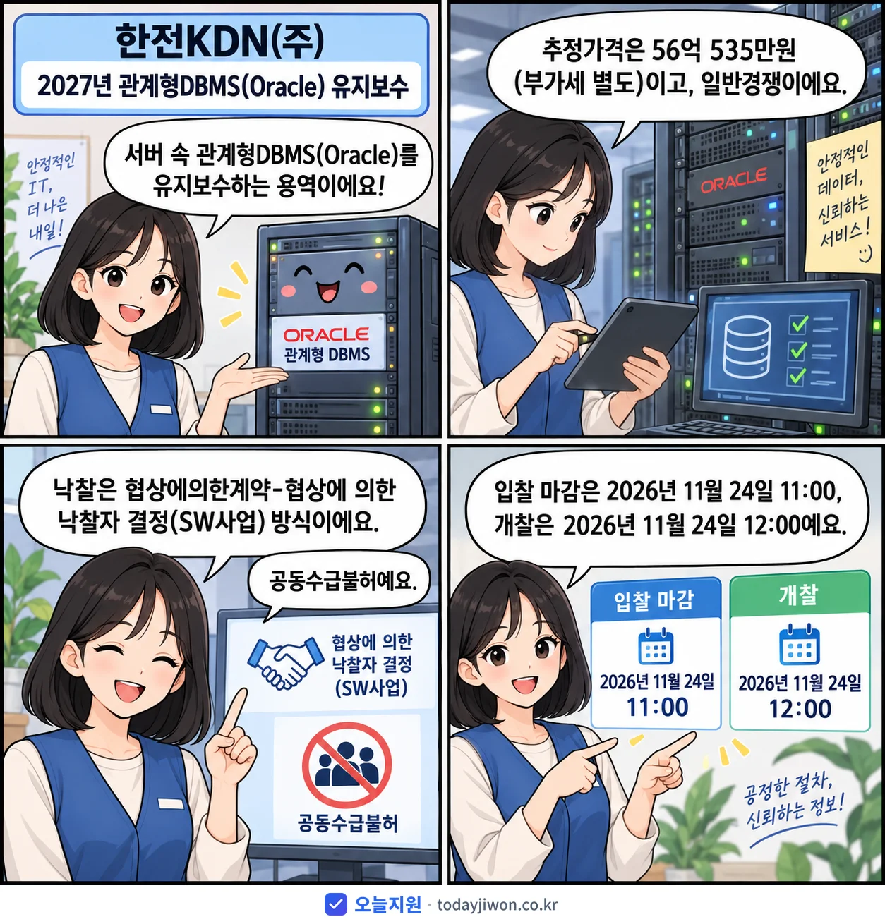 4컷 만화로 보는 공고: 한전KDN(주) '관계형DBMS(Oracle) 유지보수', 추정가격 56억 535만원, 입찰 마감 11/24 11:00