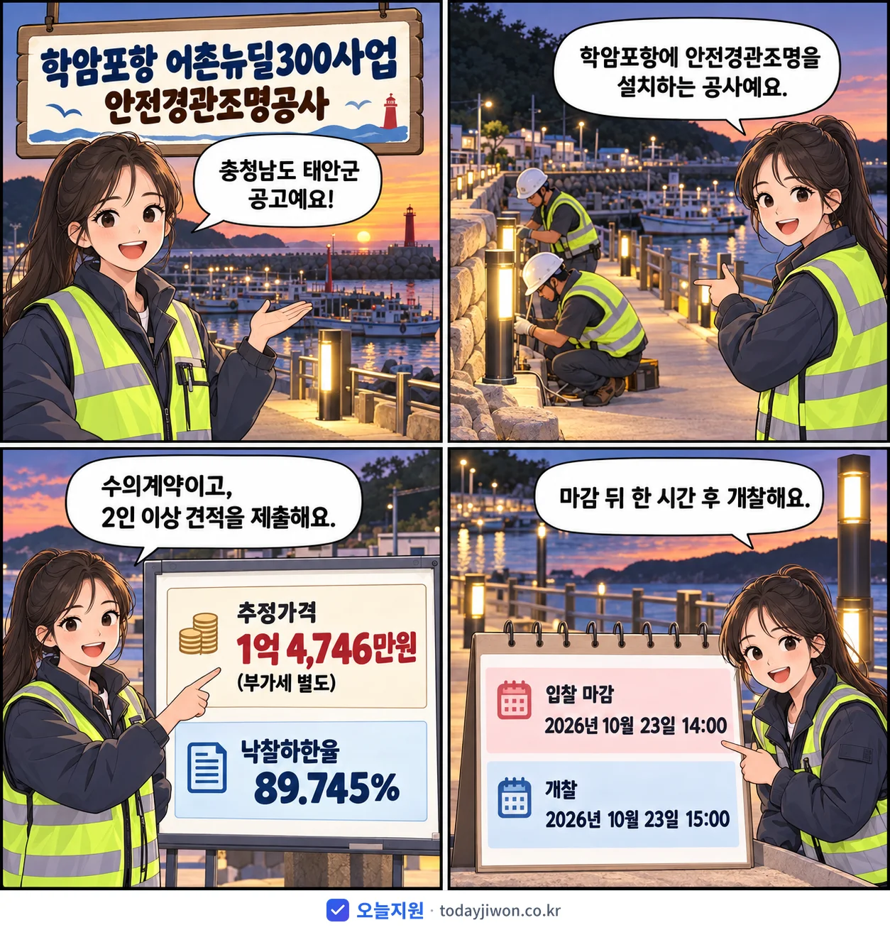 4컷 만화로 보는 공고: 충청남도 태안군 '학암포항 어촌뉴딜300사업 안전경관조명공사', 추정가격 1억 4,746만원, 입찰 마감 10/23 14:00