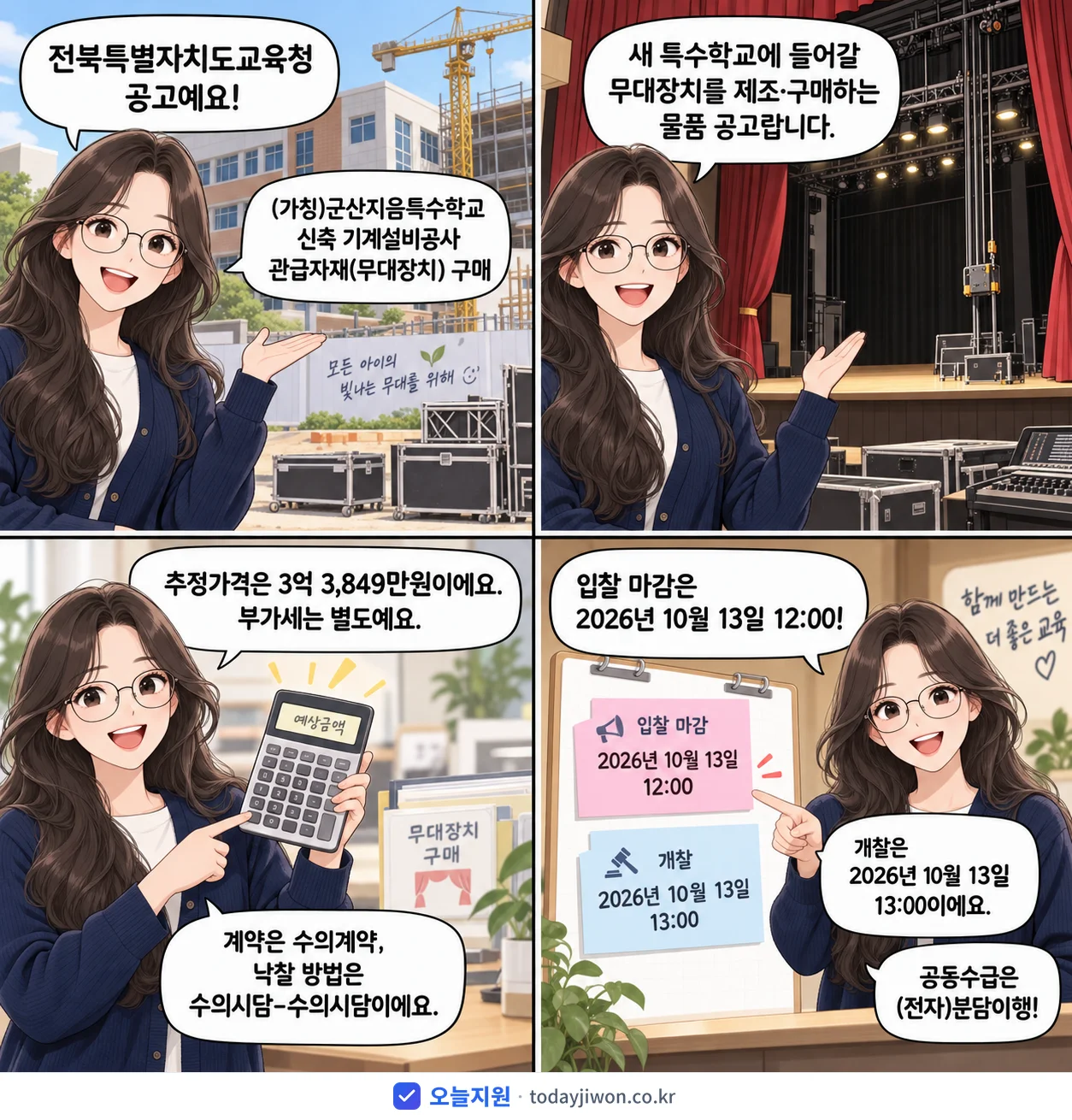 4컷 만화로 보는 공고: 전북특별자치도교육청 '(가칭)군산지음특수학교 신축 기계설비공사 관급자재(무대장치) 구매', 추정가격 3억 3,849만원, 입찰 마감 10/13 12:00