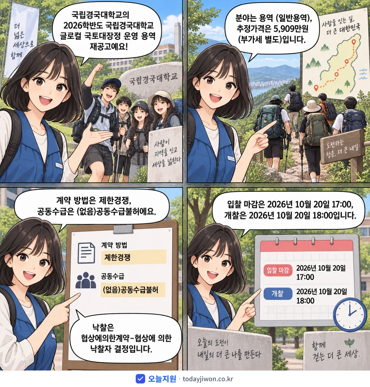 4컷 만화로 보는 공고: 국립경국대학교 '학년도 국립경국대학교 글로컬 국토대장정 운영 용역', 추정가격 5,909만원, 입찰 마감 10/20 17:00