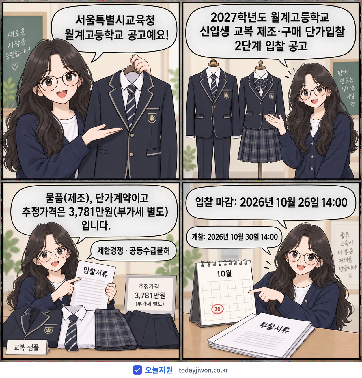 4컷 만화로 보는 공고: 서울특별시교육청 월계고등학교 '학년도 월계고등학교 신입생 교복 제조·구매 단가입찰 2단계 입찰 공고', 추정가격 3,781만원, 입찰 마감 10/26 14:00