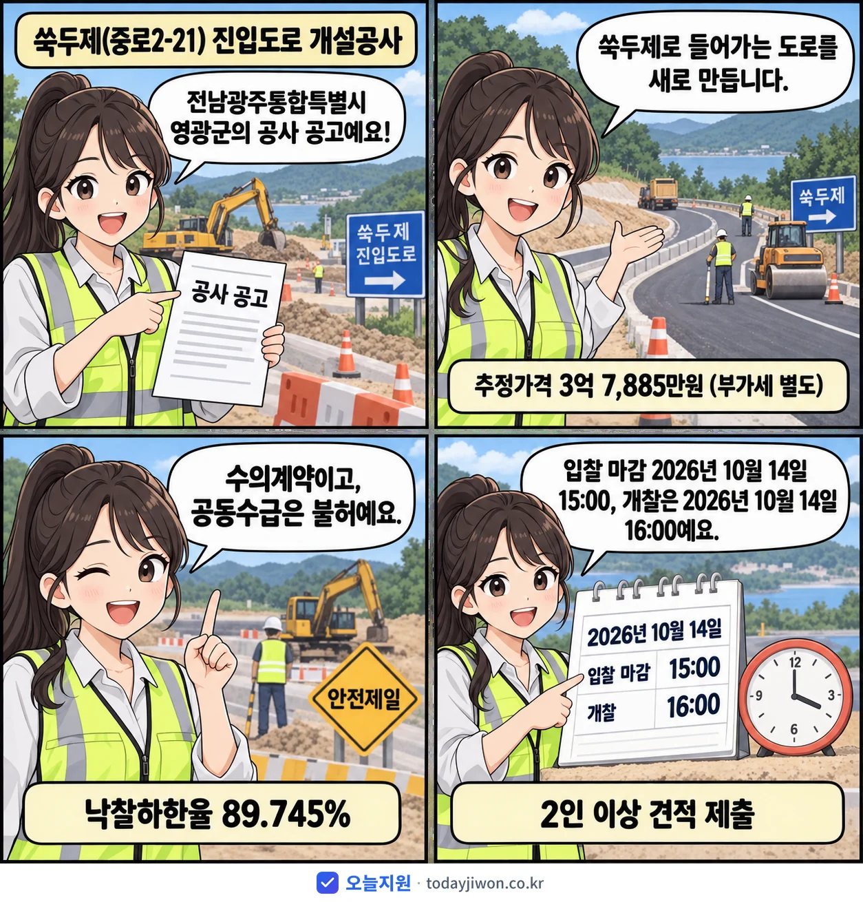 4컷 만화로 보는 공고: 전남광주통합특별시 영광군 '쑥두제(중로2-21) 진입도로 개설공사', 추정가격 3억 7,885만원, 입찰 마감 10/14 15:00