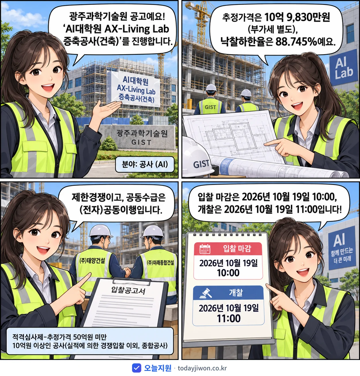 4컷 만화로 보는 공고: 광주과학기술원 'AI대학원 AX-Living Lab 증축공사(건축)', 추정가격 10억 9,830만원, 입찰 마감 10/19 10:00