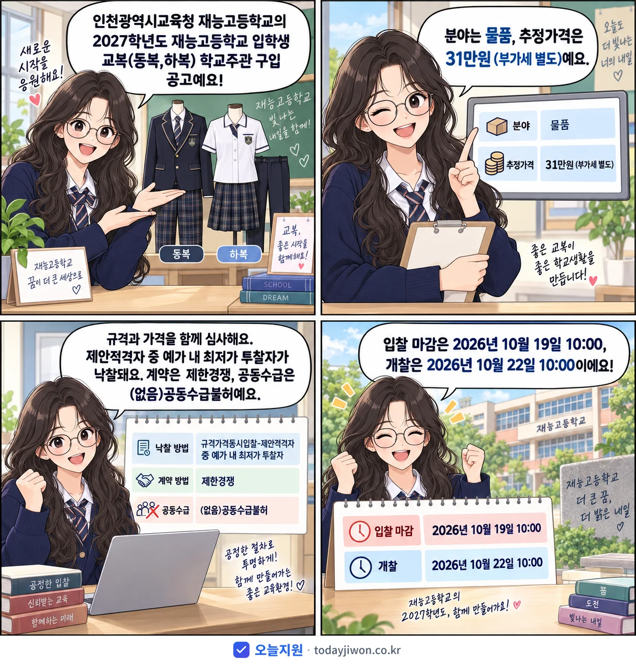 4컷 만화로 보는 공고: 인천광역시교육청 재능고등학교 '학년도 재능고등학교 입학생 교복(동복,하복) 학교주관 구입', 추정가격 31만원, 입찰 마감 10/19 10:00