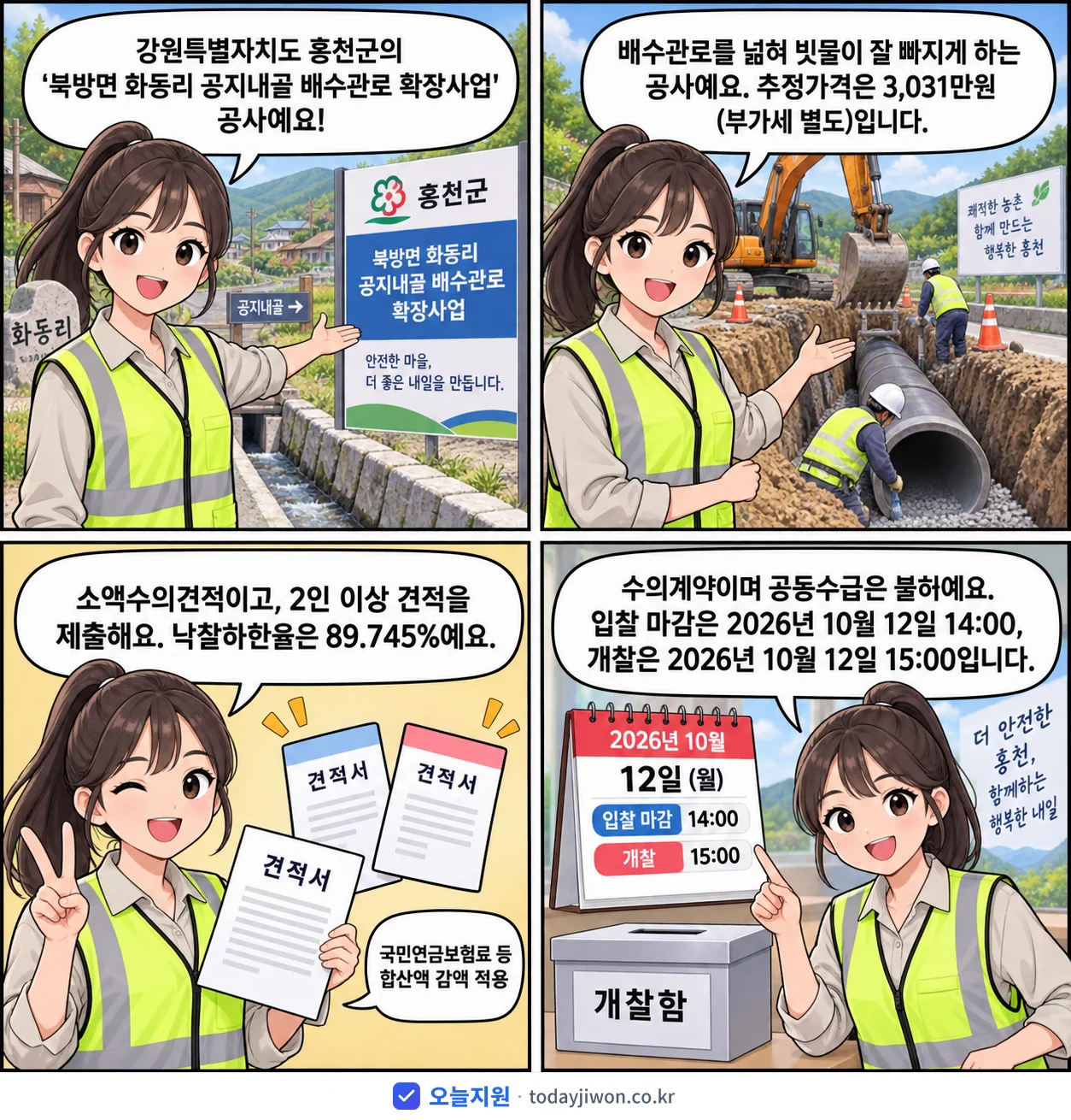 4컷 만화로 보는 공고: 강원특별자치도 홍천군 '북방면 화동리 공지내골 배수관로 확장사업', 추정가격 3,031만원, 입찰 마감 10/12 14:00