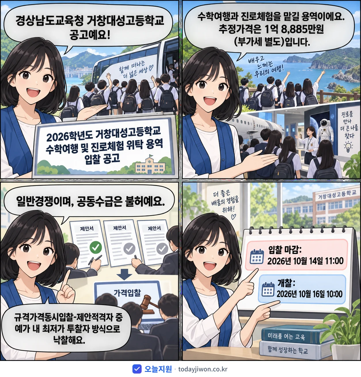 4컷 만화로 보는 공고: 경상남도교육청 거창대성고등학교 '학년도 거창대성고등학교 수학여행 및 진로체험 위탁 용역 입찰 공고', 추정가격 1억 8,885만원, 입찰 마감 10/14 11:00