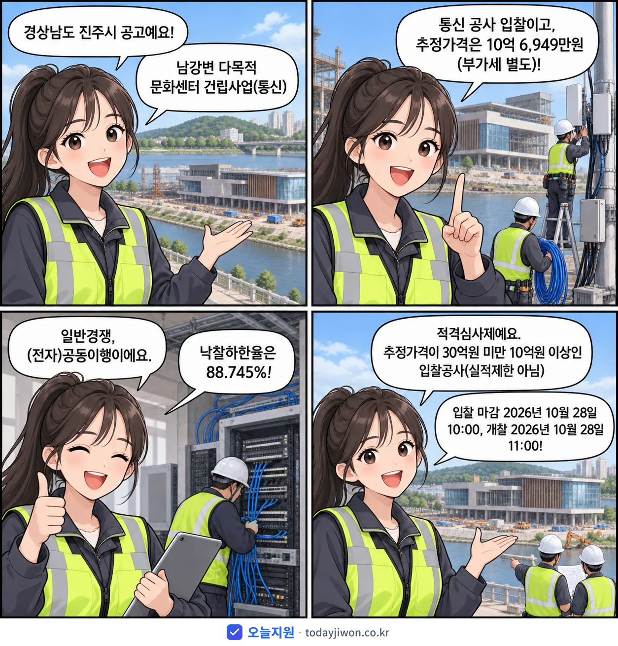4컷 만화로 보는 공고: 경상남도 진주시 '남강변 다목적 문화센터 건립사업(통신)', 추정가격 10억 6,949만원, 입찰 마감 10/28 10:00