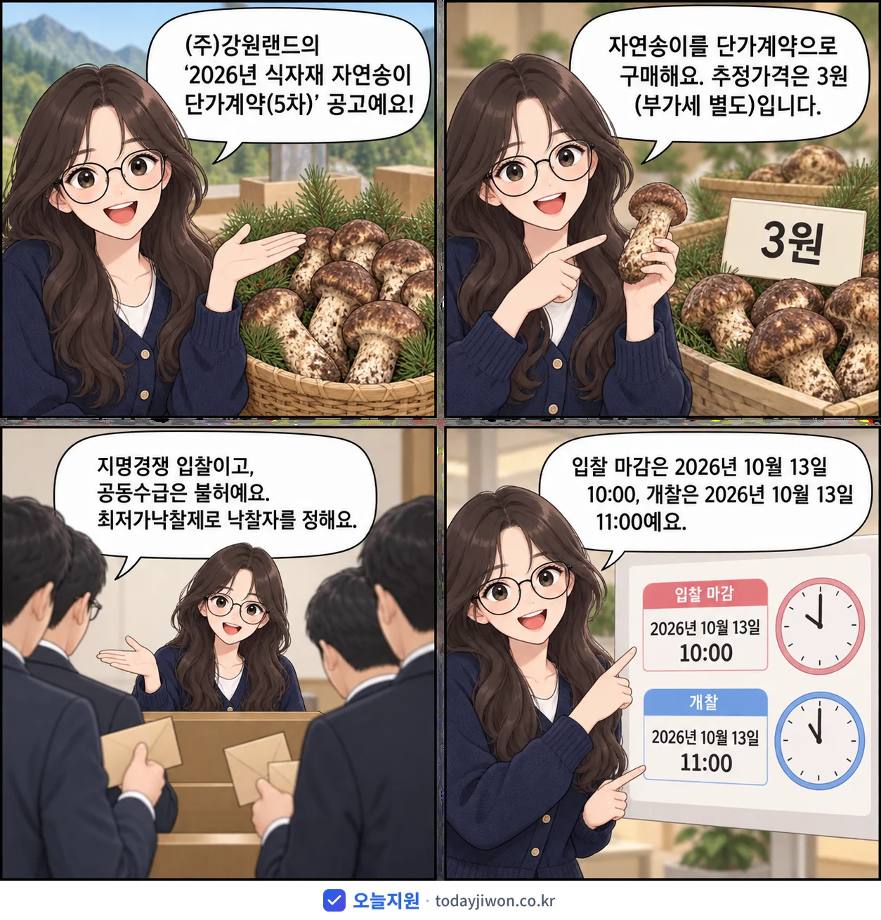 4컷 만화로 보는 공고: (주)강원랜드 '식자재 자연송이 단가계약(5차)', 추정가격 3원, 입찰 마감 10/13 10:00