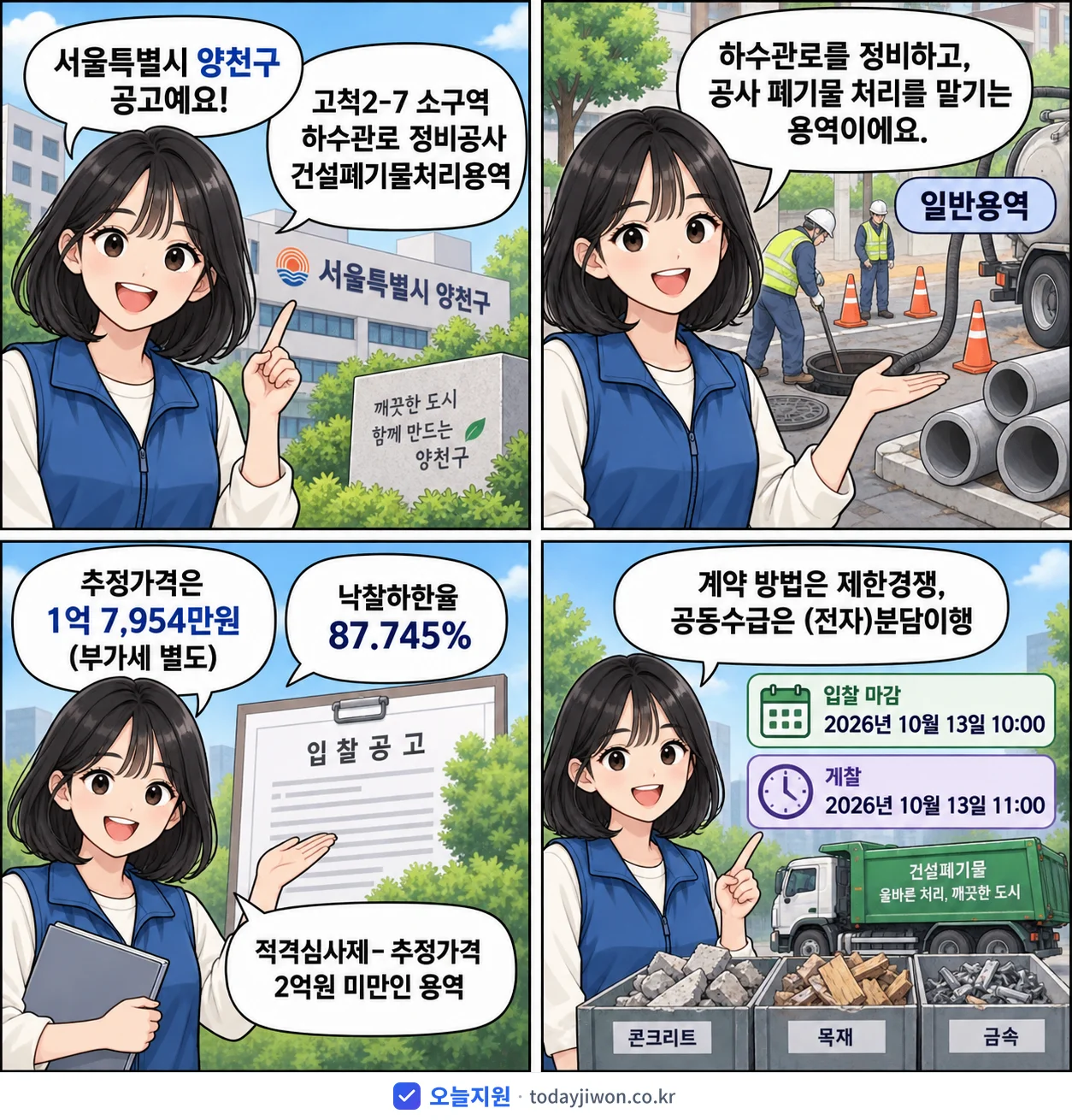 4컷 만화로 보는 공고: 서울특별시 양천구 '고척2-7 소구역 하수관로 정비공사 건설폐기물처리용역', 추정가격 1억 7,954만원, 입찰 마감 10/13 10:00