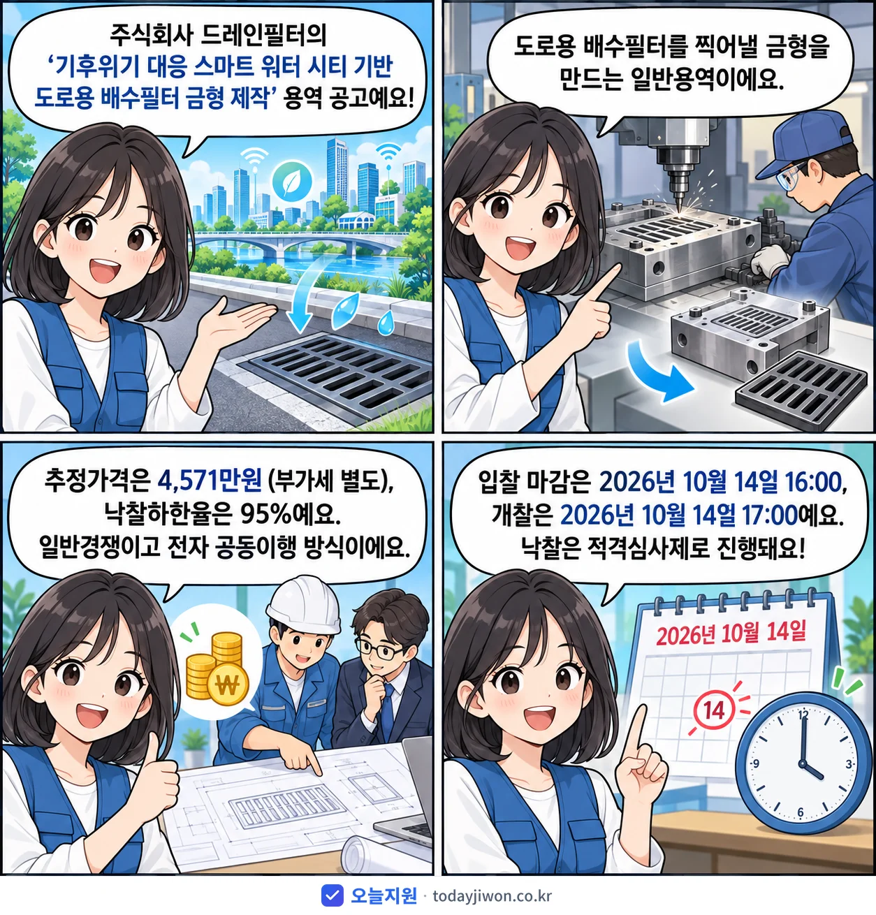 4컷 만화로 보는 공고: 주식회사 드레인필터 '기후위기 대응 스마트 워터 시티 기반 도로용 배수필터 금형 제작', 추정가격 4,571만원, 입찰 마감 10/14 16:00