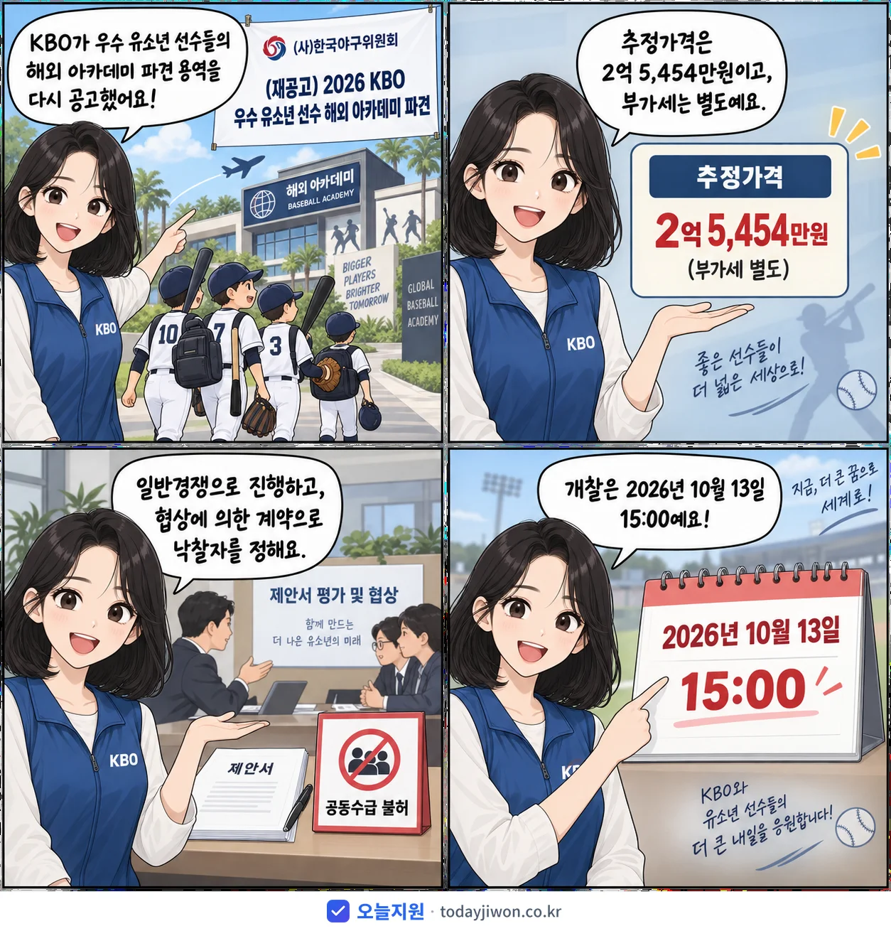 4컷 만화로 보는 공고: (사)한국야구위원회 'KBO 우수 유소년 선수 해외 아카데미 파견', 추정가격 2억 5,454만원