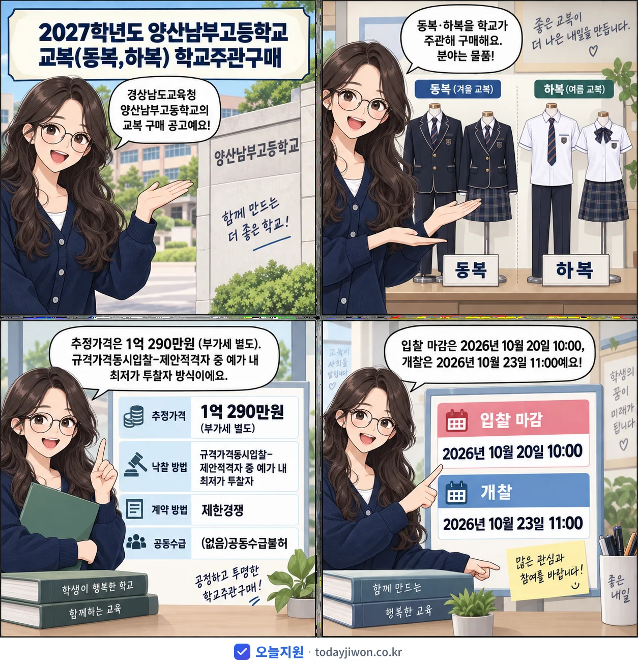 4컷 만화로 보는 공고: 경상남도교육청 양산남부고등학교 '학년도 양산남부고등학교 교복(동복,하복) 학교주관구매', 추정가격 1억 290만원, 입찰 마감 10/20 10:00