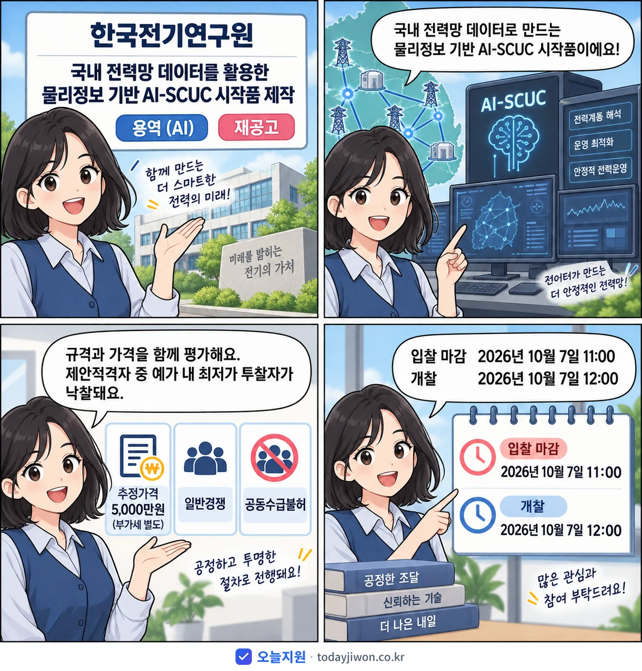 4컷 만화로 보는 공고: 한국전기연구원 '국내 전력망 데이터를 활용한 물리정보 기반 AI-SCUC 시작품 제작', 추정가격 5,000만원, 입찰 마감 10/7 11:00