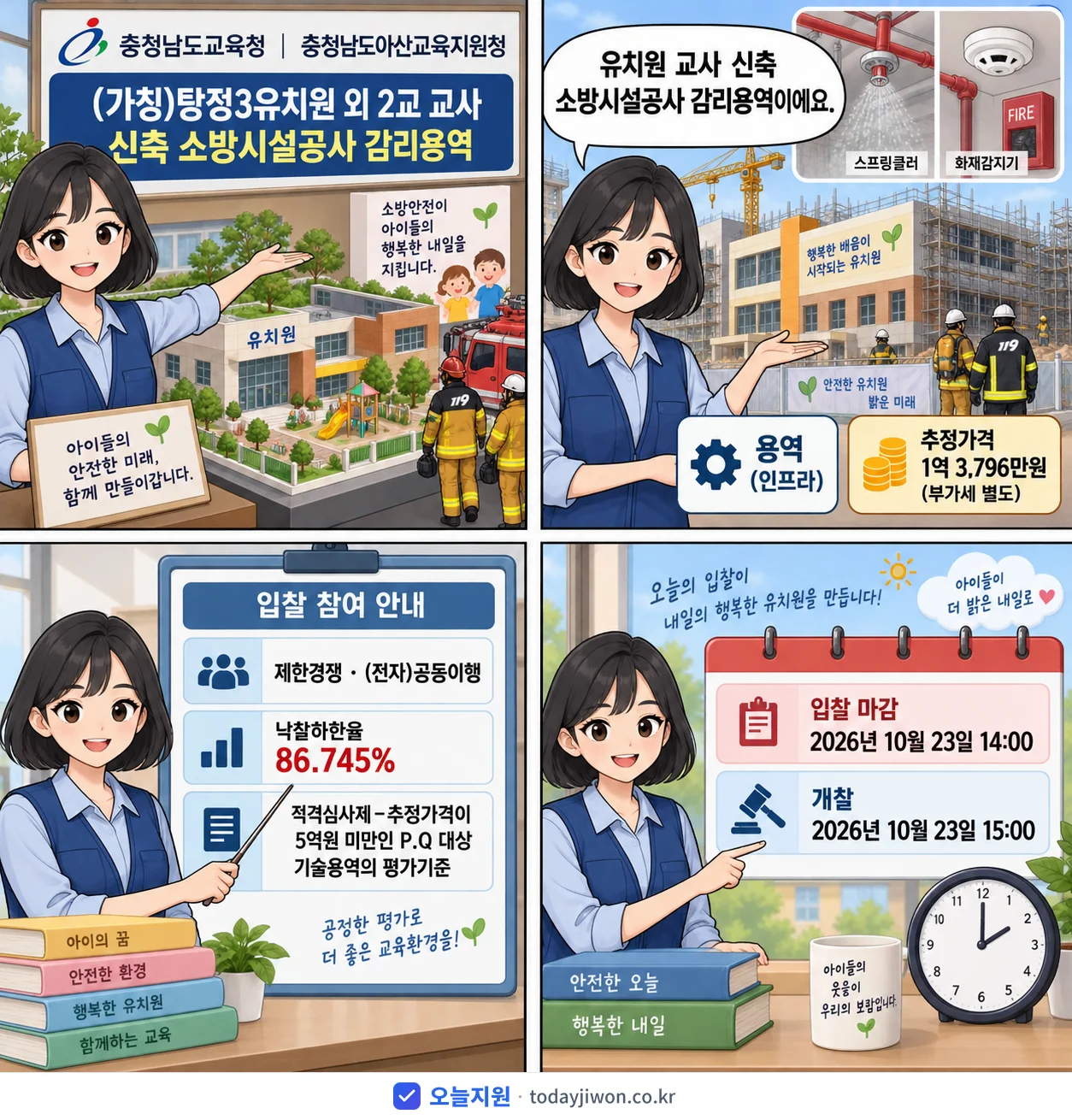 4컷 만화로 보는 공고: 충청남도교육청 충청남도아산교육지원청 '(가칭)탕정3유치원 외 2교 교사 신축 소방시설공사 감리용역', 추정가격 1억 3,796만원, 입찰 마감 10/23 14:00