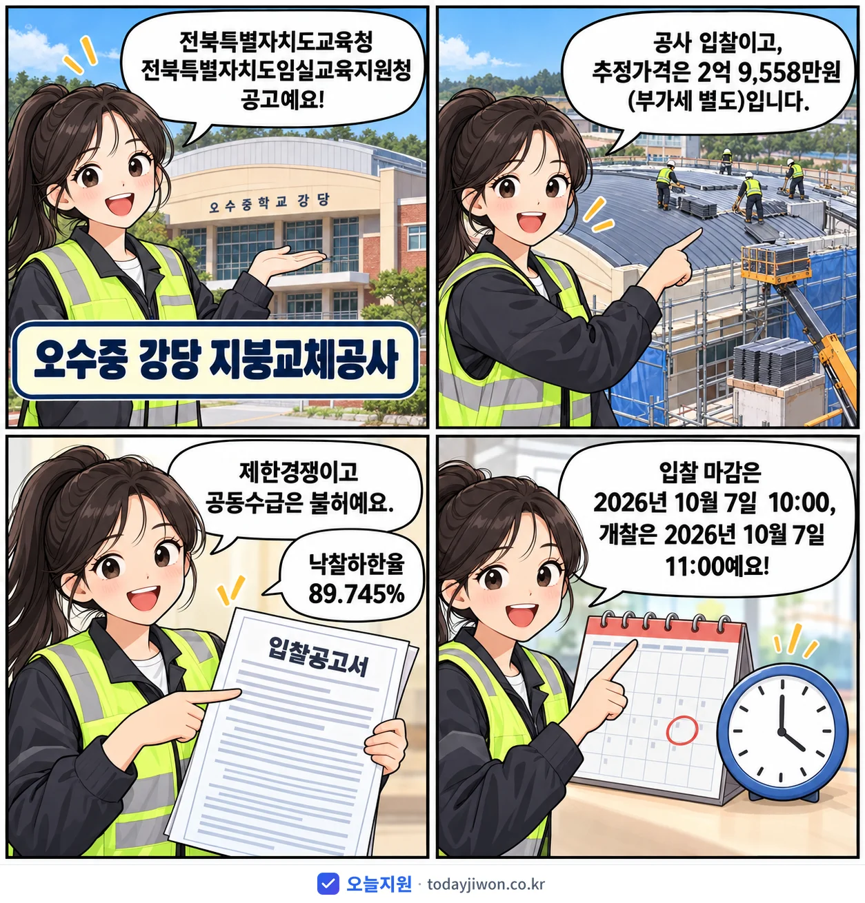 4컷 만화로 보는 공고: 전북특별자치도교육청 전북특별자치도임실교육지원청 '오수중 강당 지붕교체공사', 추정가격 2억 9,558만원, 입찰 마감 10/7 10:00