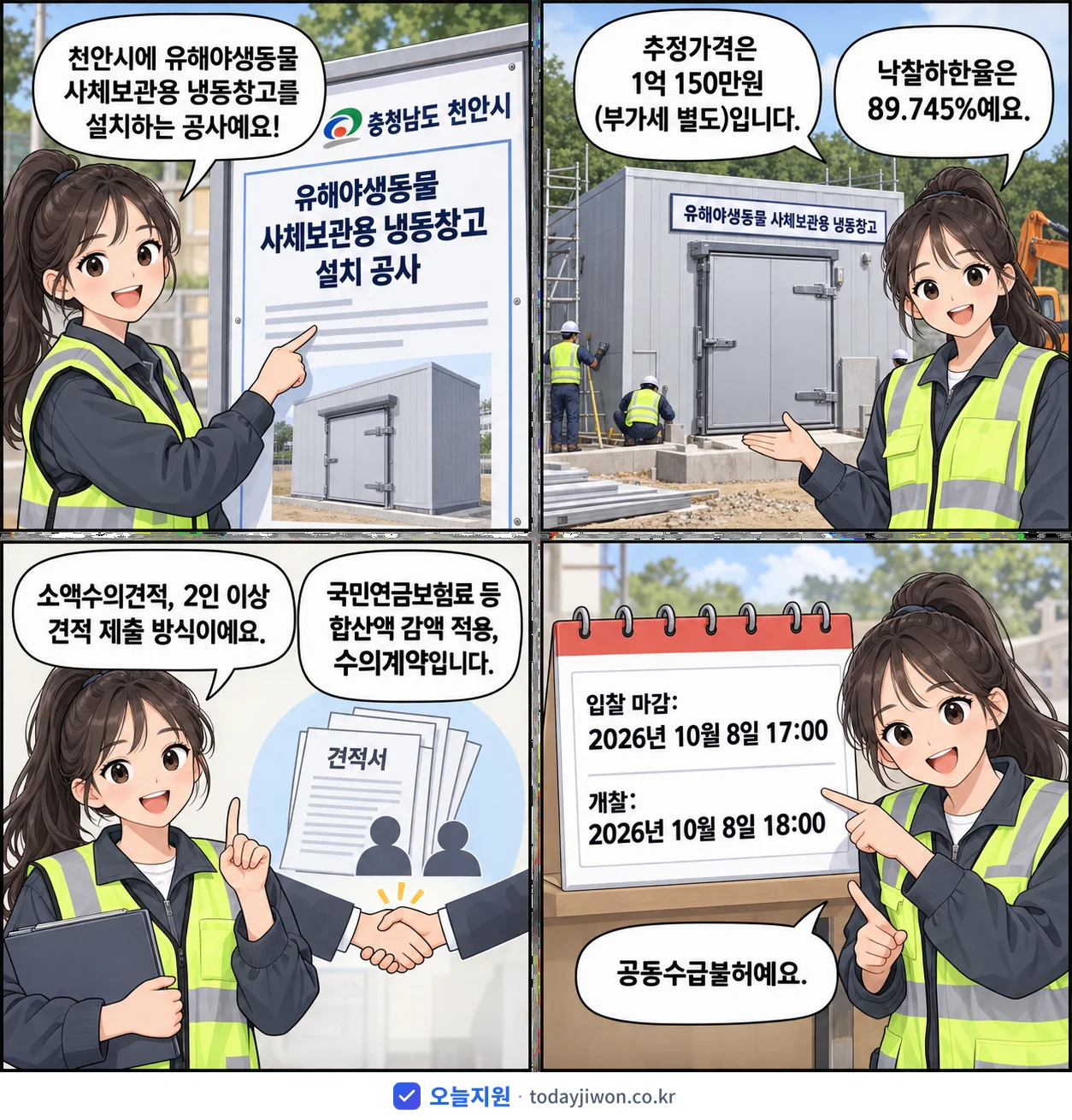 4컷 만화로 보는 공고: 충청남도 천안시 '유해야생동물 사체보관용 냉동창고 설치 공사', 추정가격 1억 150만원, 입찰 마감 10/8 17:00