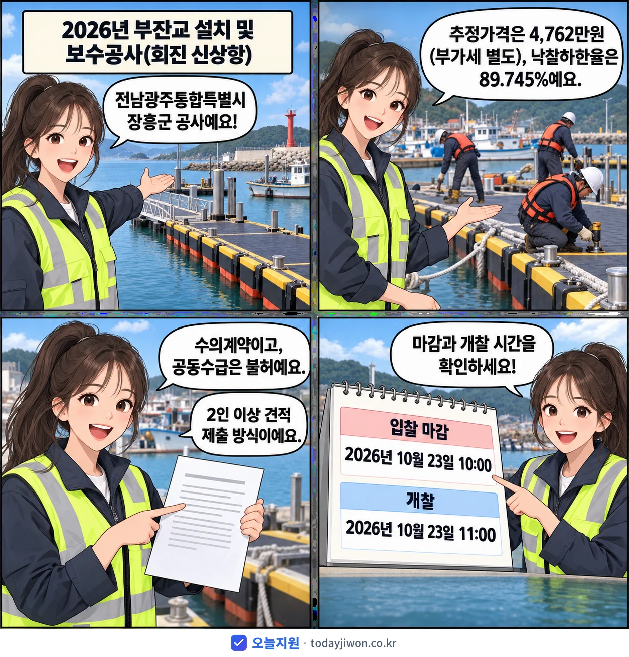 4컷 만화로 보는 공고: 전남광주통합특별시 장흥군 '부잔교 설치 및 보수공사(회진 신상항)', 추정가격 4,762만원, 입찰 마감 10/23 10:00