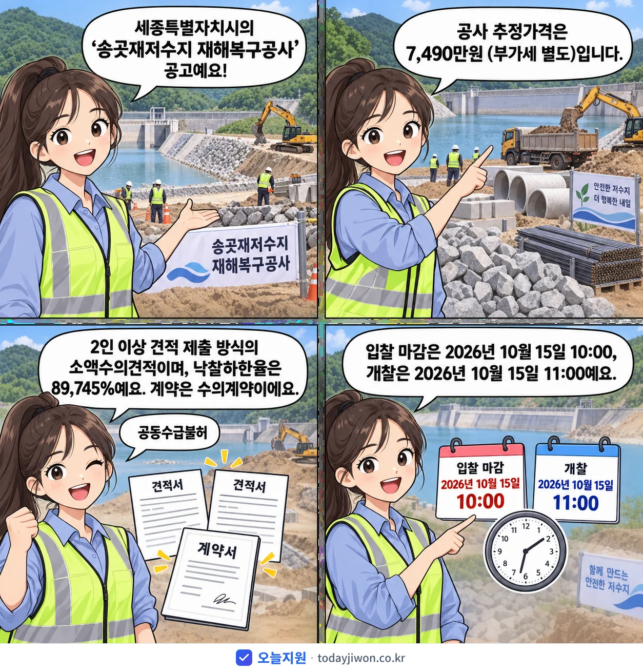 4컷 만화로 보는 공고: 세종특별자치시 '송곳재저수지 재해복구공사', 추정가격 7,490만원, 입찰 마감 10/15 10:00