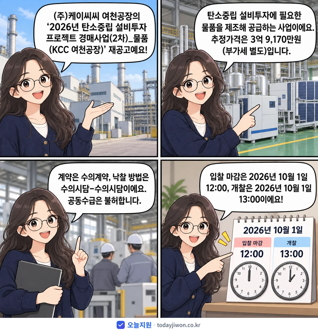 4컷 만화로 보는 공고: (주)케이씨씨 여천공장 '탄소중립 설비투자 프로젝트 경매사업(2차)_물품 (KCC 여천공장)', 추정가격 3억 9,170만원, 입찰 마감 10/1 12:00