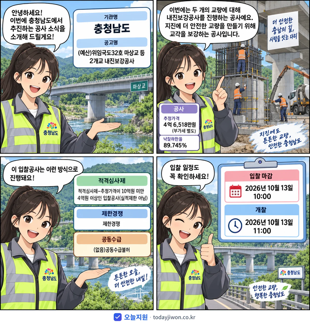 4컷 만화로 보는 공고: 충청남도 '(예산)위임국도32호 마상교 등 2개교 내진보강공사', 추정가격 4억 6,518만원, 입찰 마감 10/13 10:00