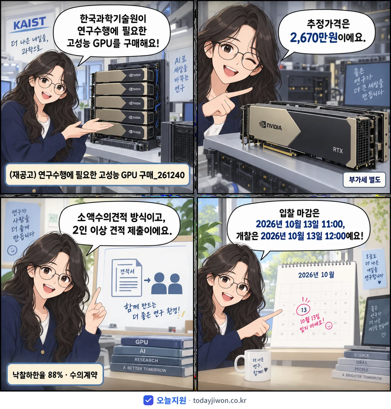 4컷 만화로 보는 공고: 한국과학기술원 '연구수행에 필요한 고성능 GPU 구매_261240', 추정가격 2,670만원, 입찰 마감 10/13 11:00