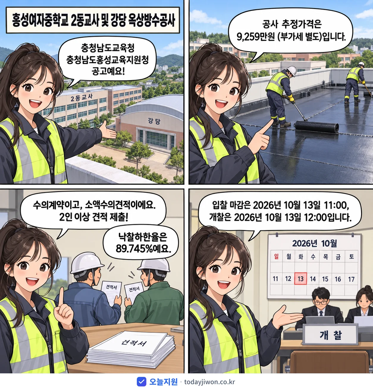 4컷 만화로 보는 공고: 충청남도교육청 충청남도홍성교육지원청 '홍성여자중학교 2동교사 및 강당 옥상방수공사', 추정가격 9,259만원, 입찰 마감 10/13 11:00