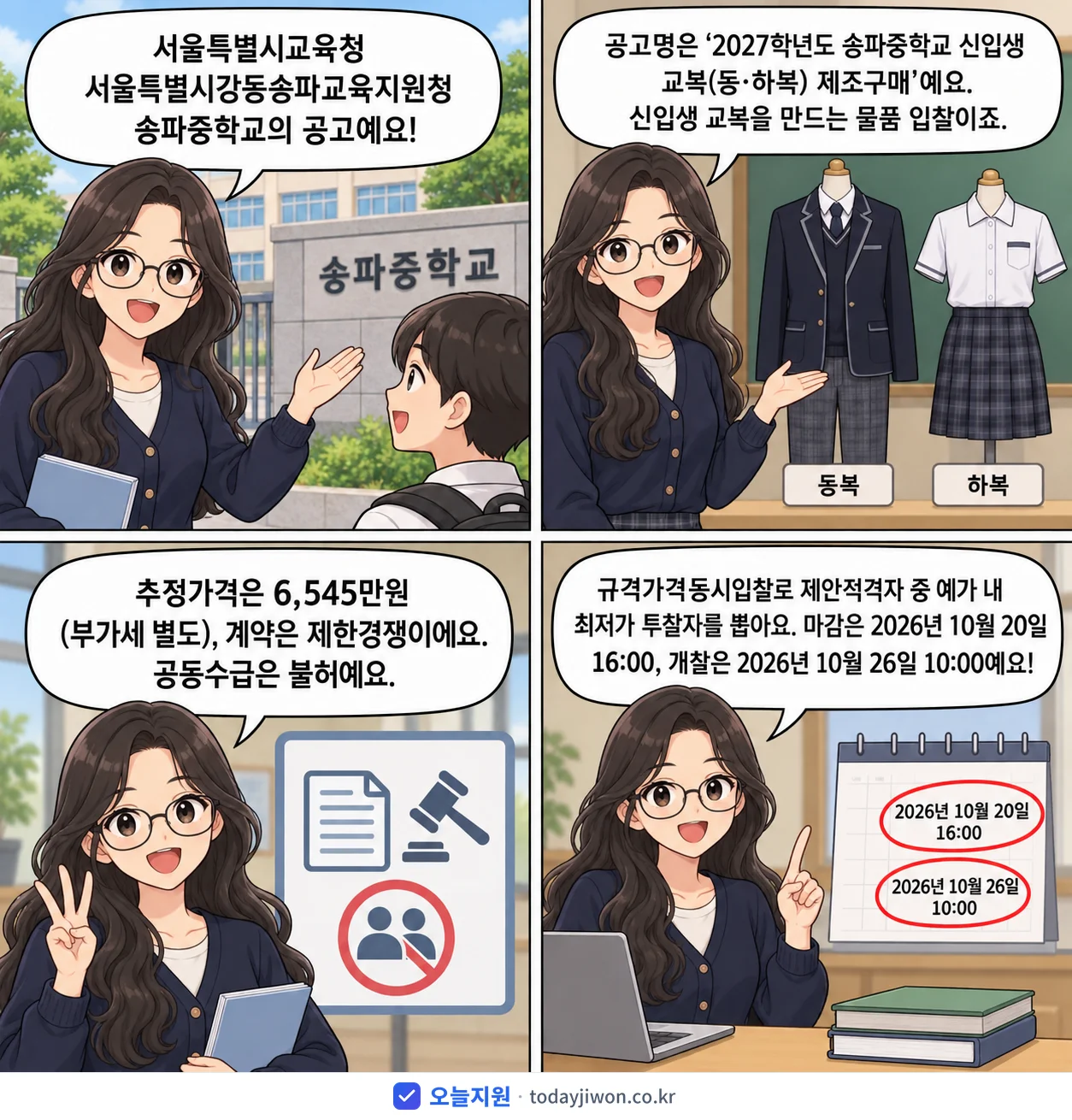 4컷 만화로 보는 공고: 서울특별시교육청 서울특별시강동송파교육지원청 송파중학교 '학년도 송파중학교 신입생 교복(동·하복) 제조구매', 추정가격 6,545만원, 입찰 마감 10/20 16:00