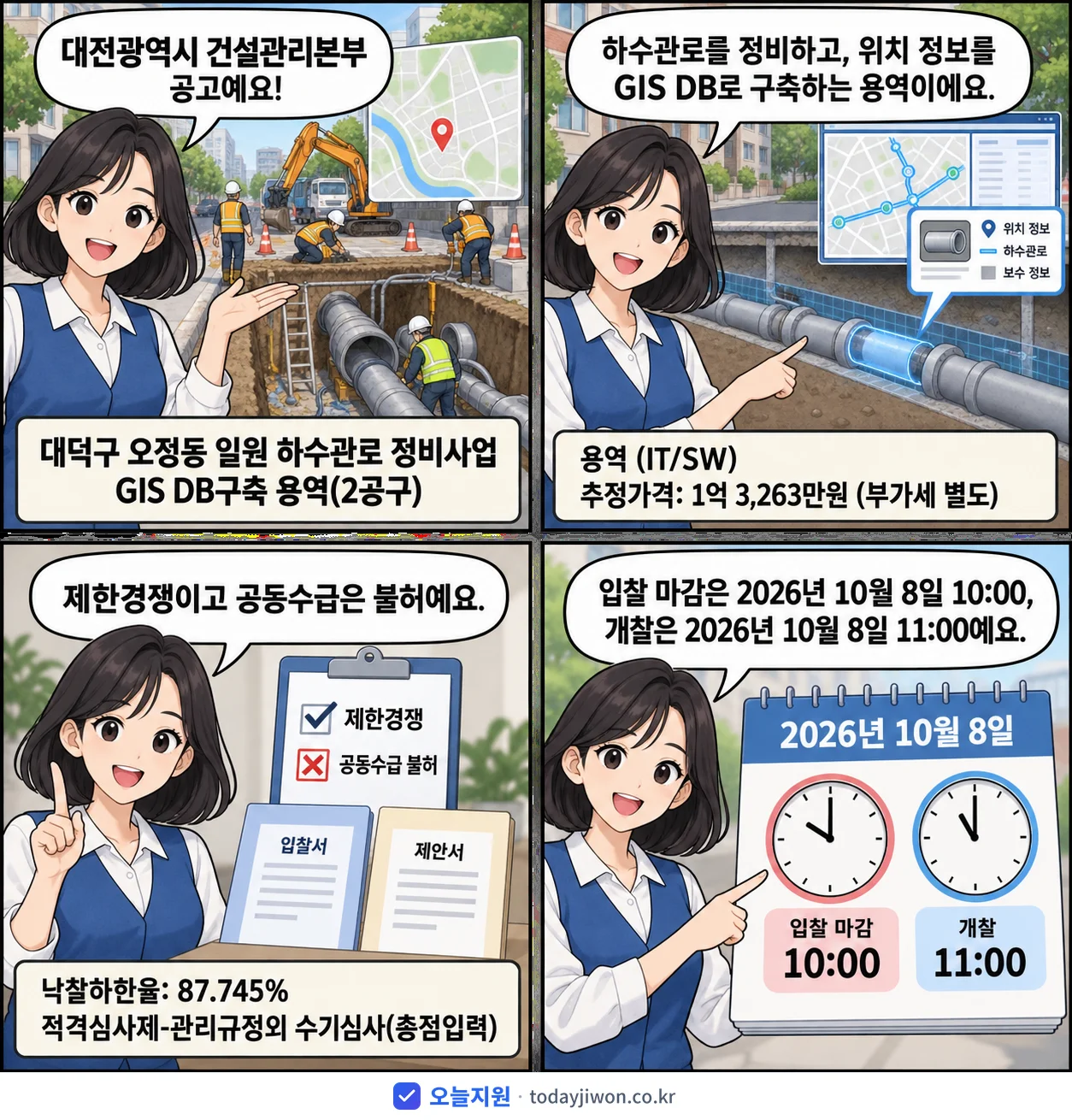 4컷 만화로 보는 공고: 대전광역시 건설관리본부 '대덕구 오정동 일원 하수관로 정비사업 GIS DB구축 용역(2공구)', 추정가격 1억 3,263만원, 입찰 마감 10/8 10:00