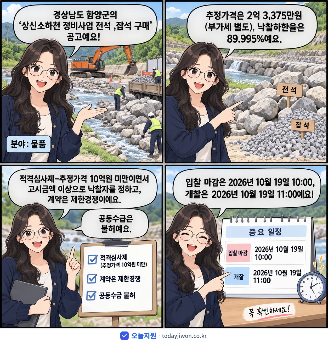 4컷 만화로 보는 공고: 경상남도 함양군 '상신소하천 정비사업 전석 ,잡석 구매', 추정가격 2억 3,375만원, 입찰 마감 10/19 10:00