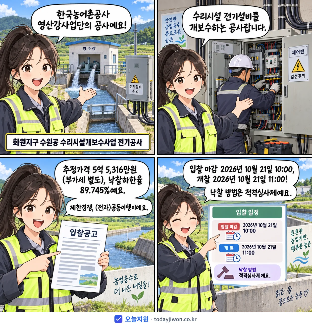 4컷 만화로 보는 공고: 한국농어촌공사 영산강사업단 '화원지구 수원공 수리시설개보수사업 전기공사', 추정가격 5억 5,316만원, 입찰 마감 10/21 10:00