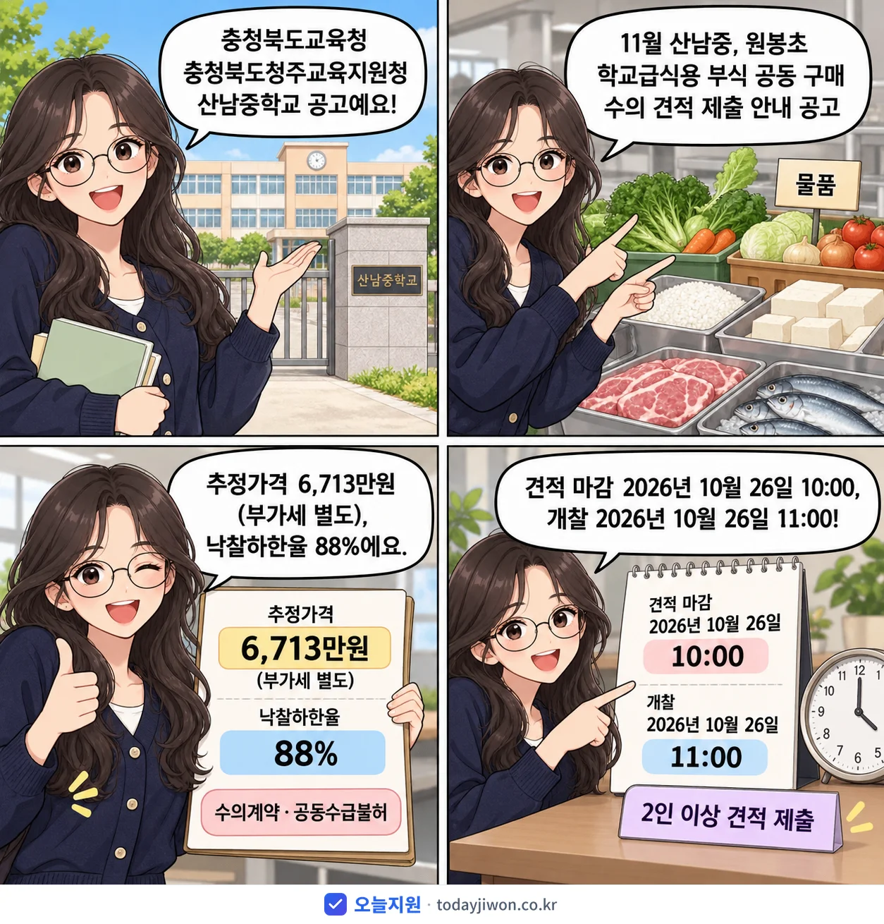 4컷 만화로 보는 공고: 충청북도교육청 충청북도청주교육지원청 산남중학교 '11월 산남중, 원봉초 학교급식용 부식 공동 구매 수의 견적 제출 안내…', 추정가격 6,713만원, 입찰 마감 10/26 10:00