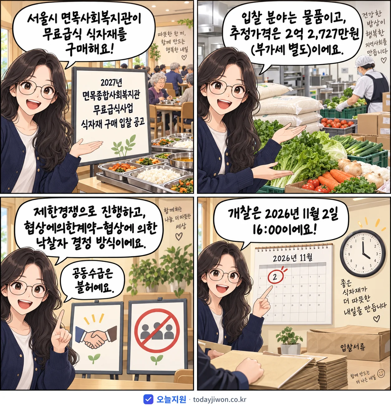 4컷 만화로 보는 공고: 서울시 면목사회복지관 '면목종합사회복지관 무료급식사업 식자재 구매 입찰 공고', 추정가격 2억 2,727만원