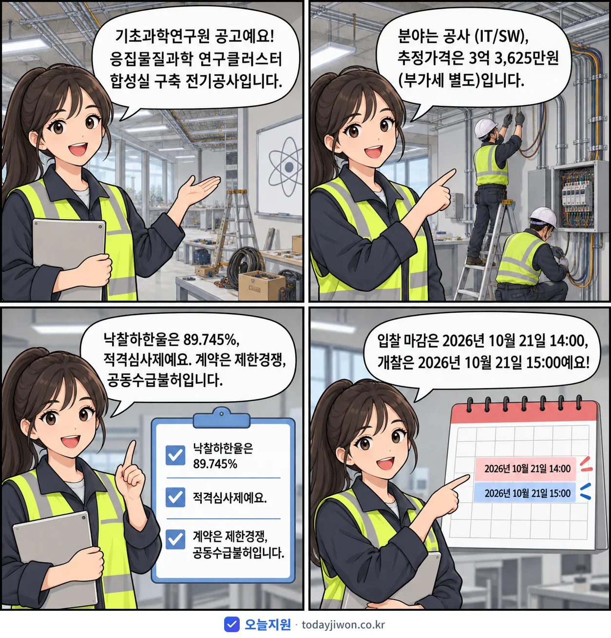 4컷 만화로 보는 공고: 기초과학연구원 '응집물질과학 연구클러스터 합성실 구축 전기공사', 추정가격 3억 3,625만원, 입찰 마감 10/21 14:00