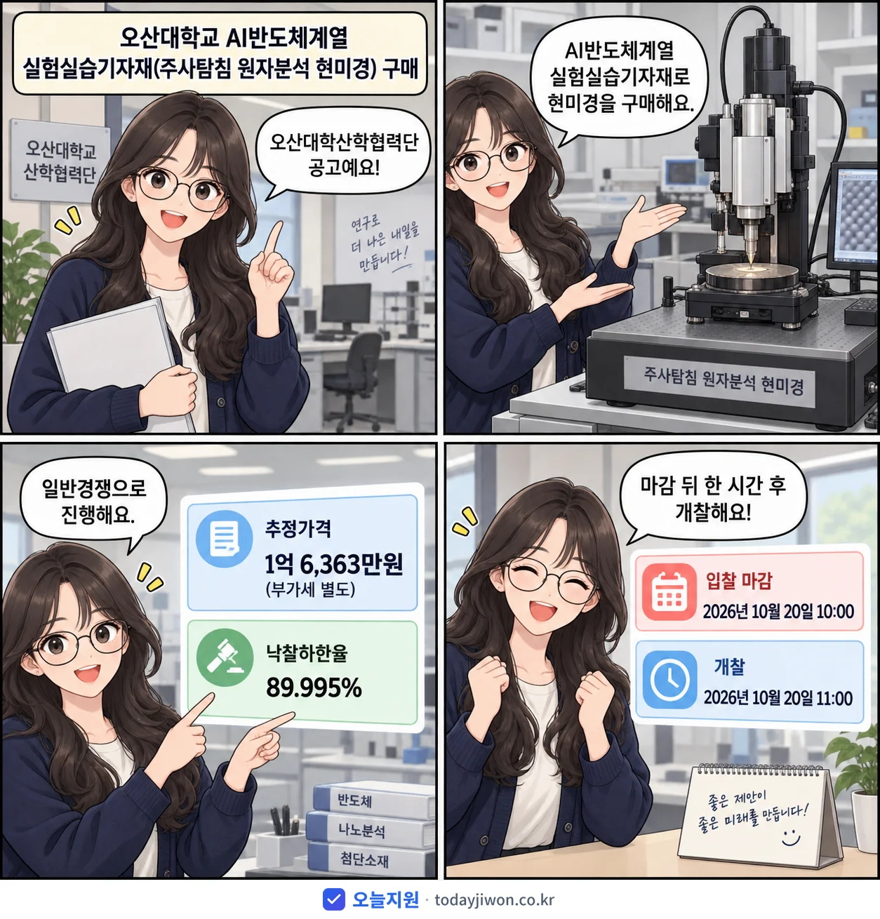 4컷 만화로 보는 공고: 오산대학산학협력단 '오산대학교 AI반도체계열 실험실습기자재(주사탐침 원자분석 현미경) 구매', 추정가격 1억 6,363만원, 입찰 마감 10/20 10:00