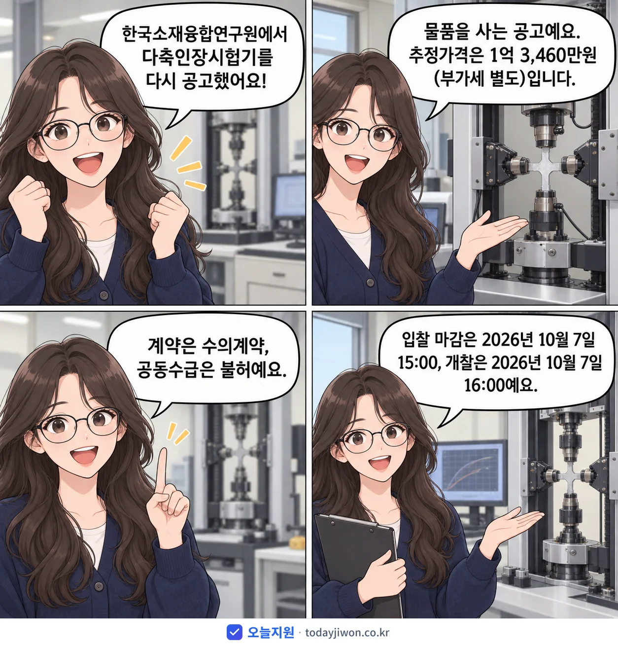4컷 만화로 보는 공고: 한국소재융합연구원 '다축인장시험기', 추정가격 1억 3,460만원, 입찰 마감 10/7 15:00