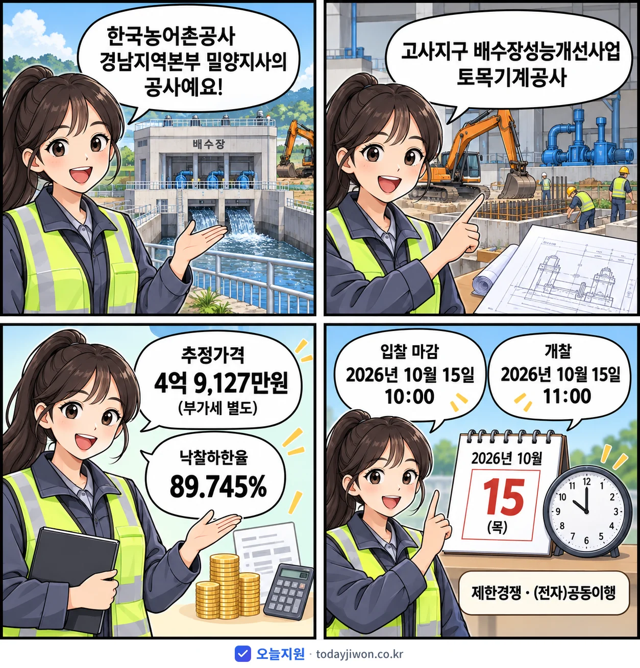 4컷 만화로 보는 공고: 한국농어촌공사 경남지역본부 밀양지사 '고사지구 배수장성능개선사업 토목기계공사', 추정가격 4억 9,127만원, 입찰 마감 10/15 10:00